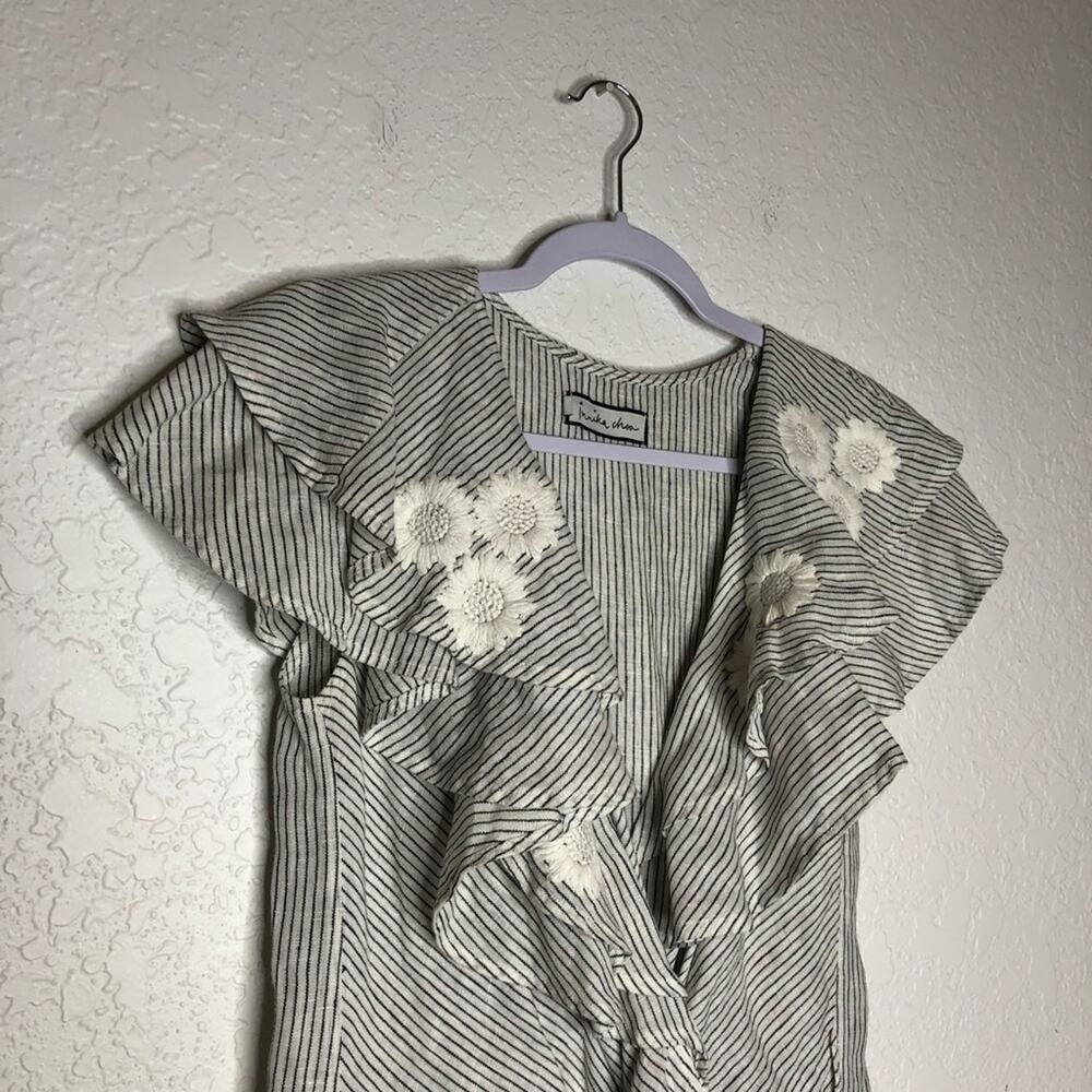 Innika Choo white black stripe floral embroidered ruffle linen dress 2 or Medium - Picture 4 of 16